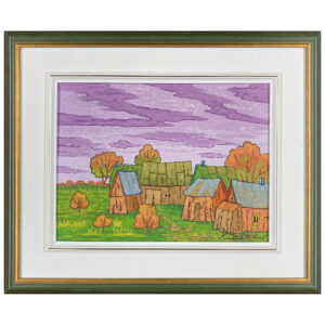 Batiments Downey Jean-Guy Deslauriers peintre quebecois village maison rustique arbres paysage campagnard nuages automne