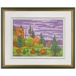 Paysage lac Martel Jean-Guy Deslauriers peintre quebecois arbres automne paysage forestier nuages eau