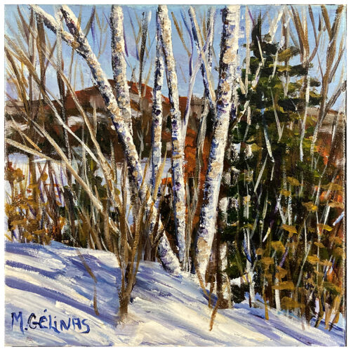 lac rond Micheline Gelinas artiste peintre quebecoise scene hiver montagne paysage hivernale neige bouleau sapin