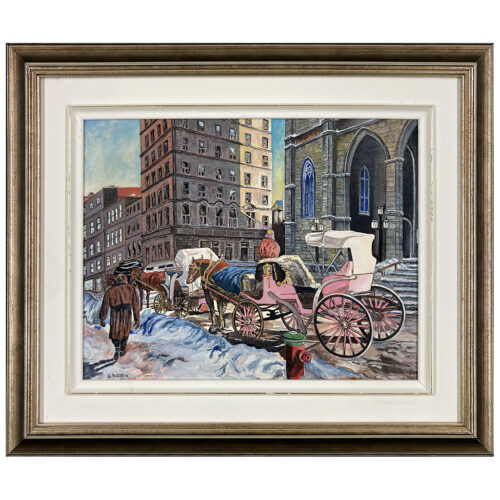 caleche cheval chevaux hiver neige montreal baselique homme batisse cathedrale notre dame