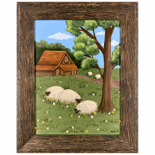 mouton laine prairie arbre maison grange nuage marguerite