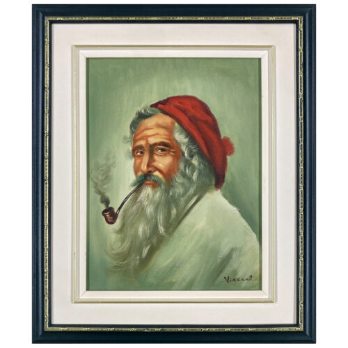 Portrait d'un homme portant une tuque rouge, avec une barbe fournie et fumant une pipe
