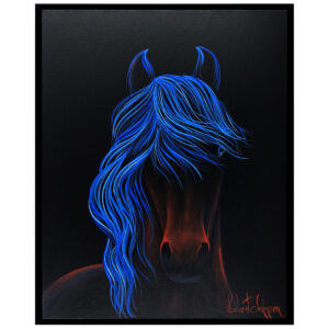 Tete cheval noir criniere bleu poratrait