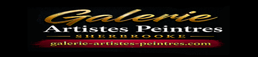Banner for Galerie Artistes Peintres Sherbrooke with a colorful palette on the left, gold title text in the center, and a framed painting on the right.