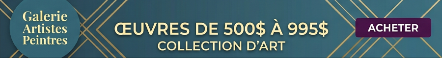 Banner for Galerie Artistes Peintres: artworks priced from $500 to $995 with an 'Acheter' button.