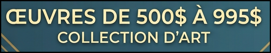 Banner promoting an art collection with prices from 500$ to 995$, on a blue backdrop.